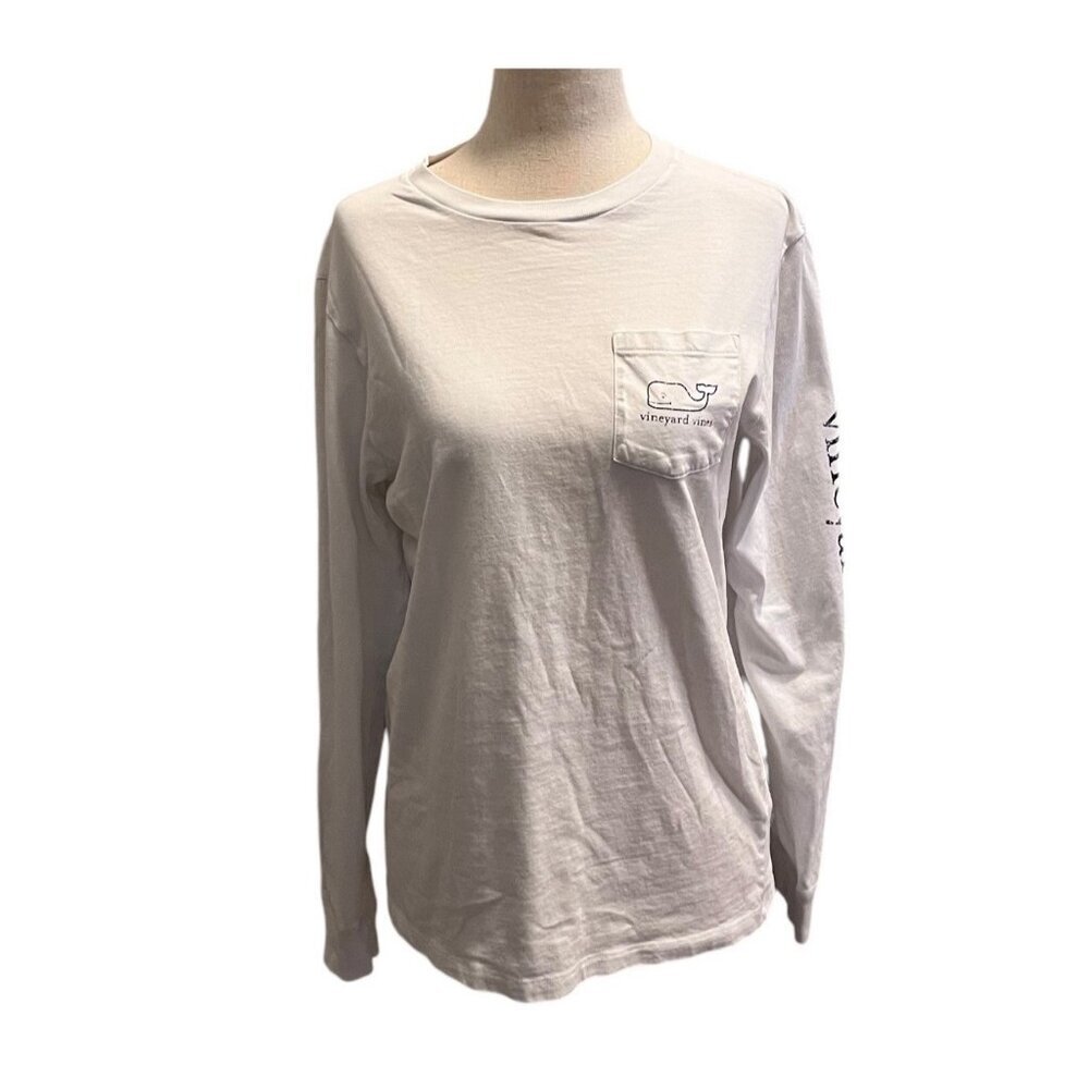 Vineyard Vines White Blue Long Sleeve Pocket Crew Tee Large 100% Cotton Womens